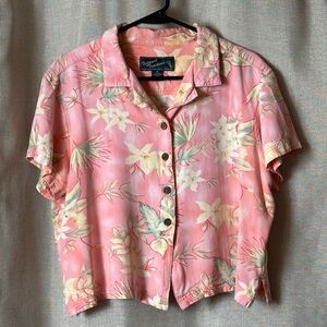 Highland Traders•short-sleeve button down top•XL•100% rayon•pink, green & yellow